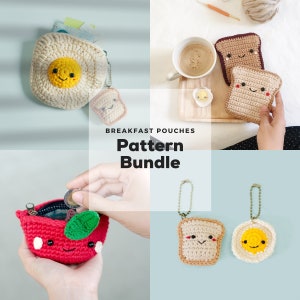 May include: Crochet pattern bundle for making breakfast-themed pouches. The bundle includes patterns for a fried egg, toast, and apple. The patterns are available for download.