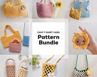 BUNDLE Easy T-Shirt Yarn Projects | Easy Crochet Tote, Crossbody, Bottle Holder & Flower Keychain PDF