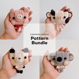May include: A set of four crochet patterns for making adorable animal-shaped earbud pouches. The patterns include a pig, a cow, a bear, and a koala. Each pouch is made with soft yarn and features cute details like ears, eyes, and noses.