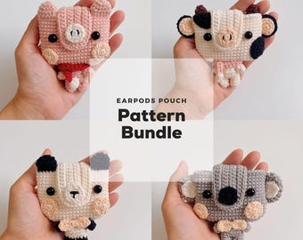Crochet Animal EarPods Pouch Pattern Bundle, Pig, Cow, Koala, Panda (PDF Pattern)