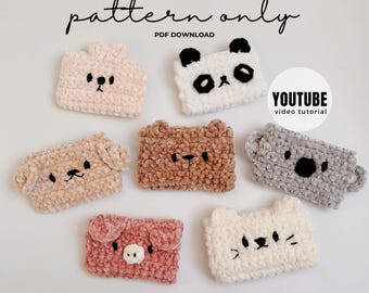 Patron de pochette animal au crochet PDF | Mini porte-monnaie | Portefeuille avec chat Bear Bunny | Tutoriel vidéo