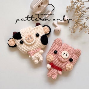 Pochette pour écouteurs au format PDF | Vache et cochon, AirPods 1/2, AirPods Pro, motif au crochet, tutoriel PDF