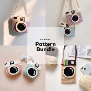 May include: A crochet pattern bundle for making camera-shaped bags and pouches. The bundle includes patterns for a small camera pouch, a larger camera bag, and a keychain camera charm. The patterns are available in a variety of colours.