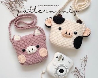 Pdf Pattern Fuji Instax Case | Cow & Pig | for mini 90, 70, 40, 11, 25, 9, 8, polaroid camera, Bag pattern, Crochet, tutorial PDF file