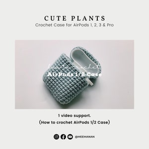 May include: A light blue crocheted case for AirPods 1 and 2. The case is shown with the lid open, revealing the white plastic AirPods case inside. The text "AirPods 1/2 Case" is written on the crocheted case.