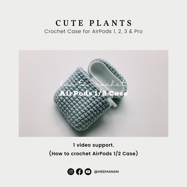May include: A light blue crocheted case for AirPods 1 and 2. The case is shown with the lid open, revealing the white plastic AirPods case inside. The text "AirPods 1/2 Case" is written on the crocheted case.