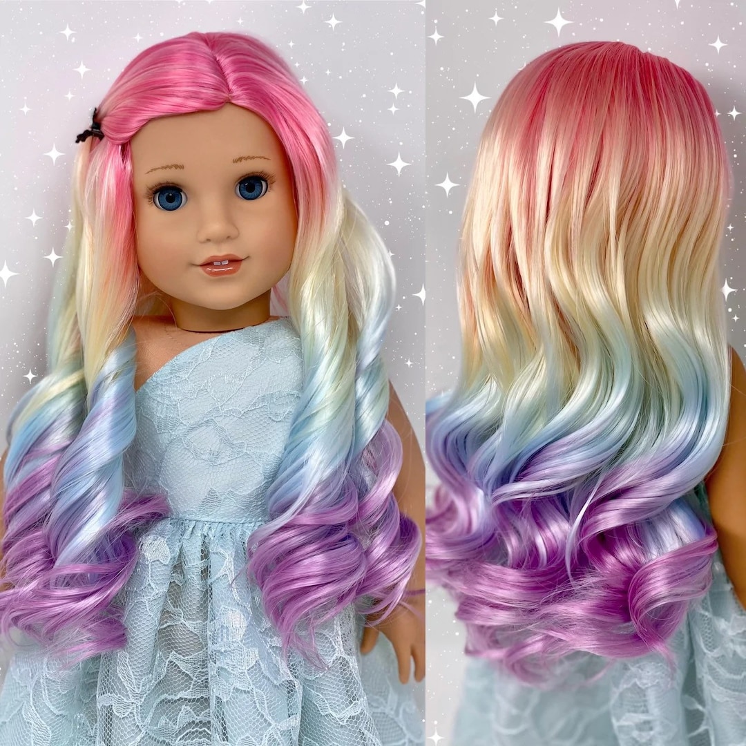 18” Doll Custom Wig Stretch Fit “Pastel Fairy” Curls dyed ombré light rainbow
