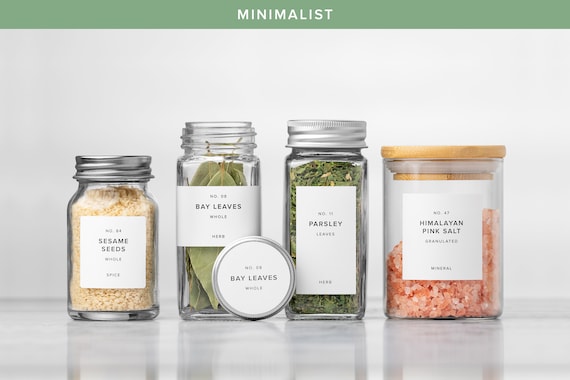 Minimalist Spice Jar Labels, Waterproof, Custom Options, USA Made