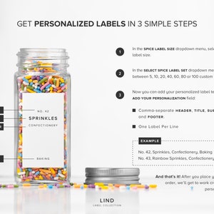 May include: A clear glass jar filled with colorful sprinkles, labeled "SPRINKLES CONFECTIONERY." The image includes instructions for ordering personalized labels, with examples like "No. 42, Sprinkles, Confectionery, Baking."