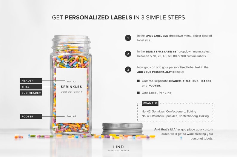 May include: A clear glass jar filled with colorful sprinkles, labeled "SPRINKLES CONFECTIONERY." The image includes instructions for ordering personalized labels, with examples like "No. 42, Sprinkles, Confectionery, Baking."