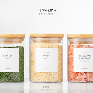 May include: Three glass jars with wooden lids, each containing a different ingredient: parsley, minced onion, and Himalayan pink salt. Each jar has a white label with the ingredient name and other details. The label size is 1.8"W x 1.8"H.