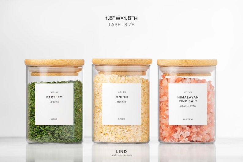 May include: Three glass jars with wooden lids, each containing a different ingredient: parsley, minced onion, and Himalayan pink salt. Each jar has a white label with the ingredient name and other details. The label size is 1.8"W x 1.8"H.
