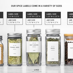 May include: A collection of spice jars with white labels, showcasing various spices like mustard seeds, fennel seed, bay leaves, basil, and peppercorns. The labels indicate the spice name and size. The text "OUR SPICE LABELS COME IN A VARIETY OF SIZES" is at the top.