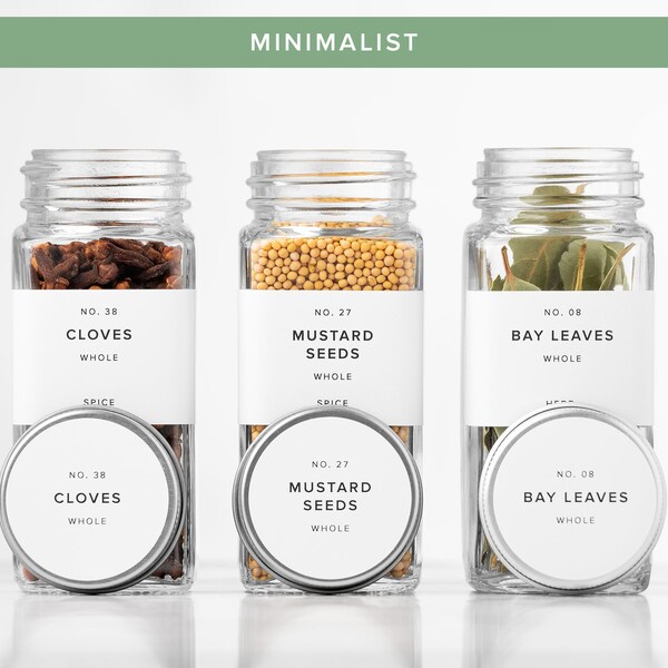 Matching Spice Jar & Lid Labels For Spice and Herb Jars and Containers. Waterproof and Oil-resistant. Minimalist Lind Collection