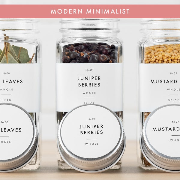 Matching Spice Jar & Lid Labels For Spice and Herb Jars and Containers. Waterproof and Oil-resistant. Modern Minimalist Hygge Collection