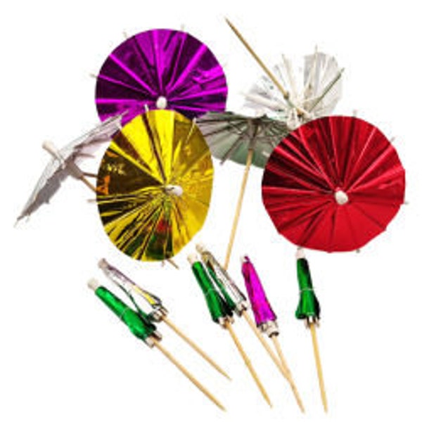 Pack 40 Foil Cocktail Umbrella Sticks, Paper Parasols, Cocktail Accessories, Colourful Mixed Umbrellas, Tropical Drink Toppers, Party Drinks