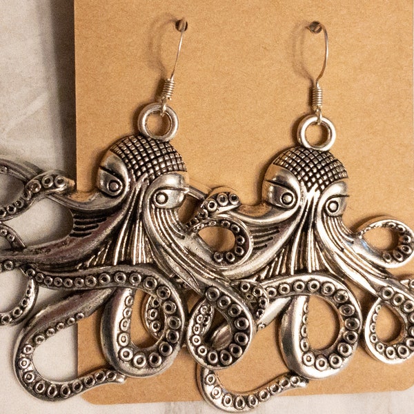 Large Silver Octopus Earrings, Steampunk Jewelry, Octopus Jewelry, Ocean Jewelry, Jules Verne, Tentacle Jewelry, Kraken Jewelry