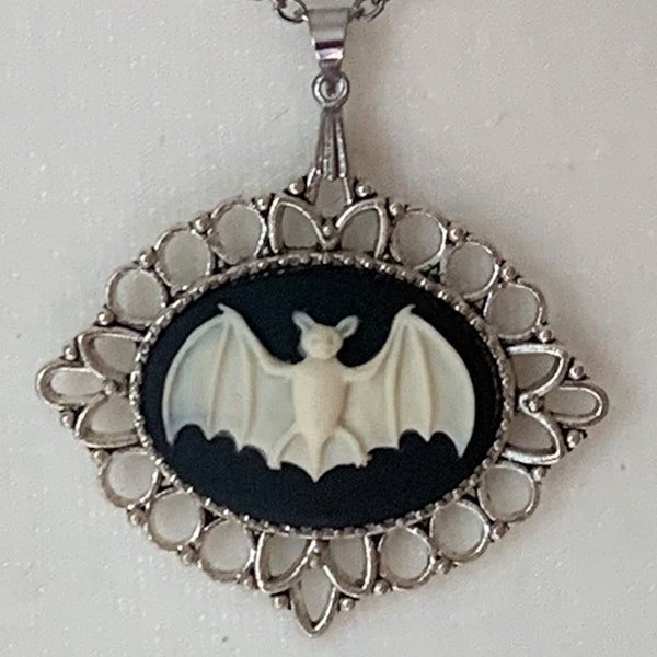 Bat Necklace with Ivory on Black Bat Cameo / Cameo Necklace / Halloween Necklace / Witchy Necklace / Halloween Gift for Her