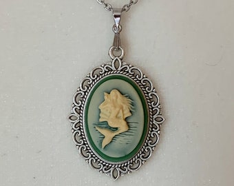 Mermaid Necklace for the Mermaid Aesthetic; Ivory on Green Mermaid Cameo