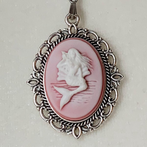 Mermaid Necklace for the Mermaid Aesthetic; White on Pink Mermaid Cameo