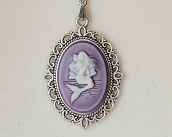 Mermaid Necklace for the Mermaid Aesthetic; White on Purple Mermaid Cameo