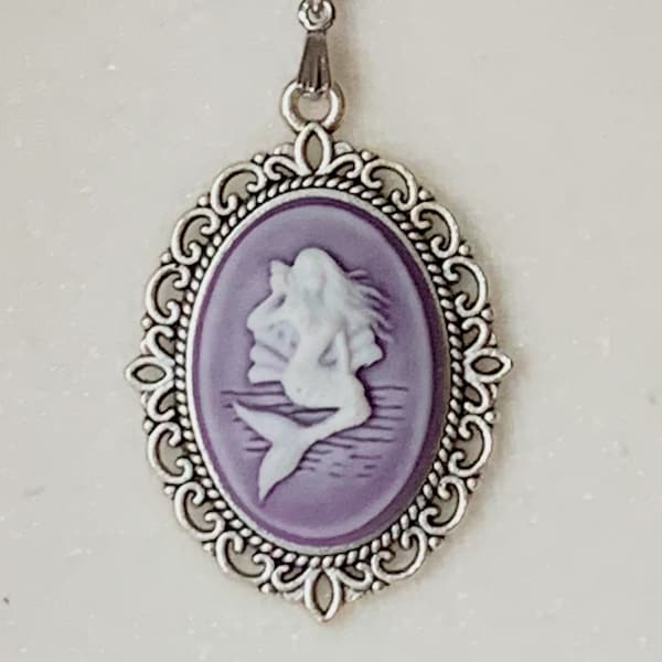 Mermaid Necklace for the Mermaid Aesthetic; White on Purple Mermaid Cameo