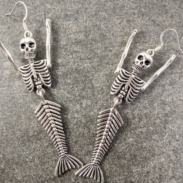 Mermaid Skeleton Earrings for the Goth Aesthetic, Zombie Skeleton Earrings for the Punk Aesthetic