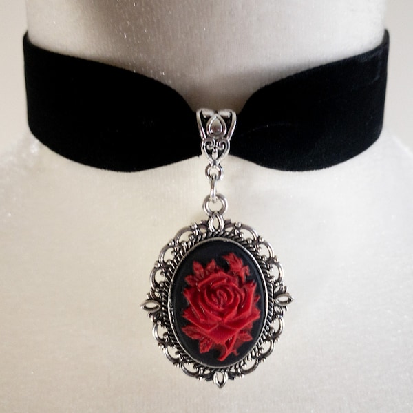 Red Rose Choker, Red Rose Necklace, Black Velvet Choker, Cameo Choker, Renaissance Choker, Medieval Choker