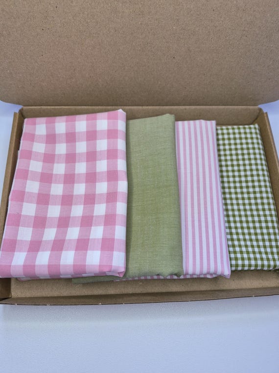 Yarn dyed fat quarter set, pink and green fabric set, gingham 100% cotton, candy stripe material, woven fabric, pretty gift for sewers