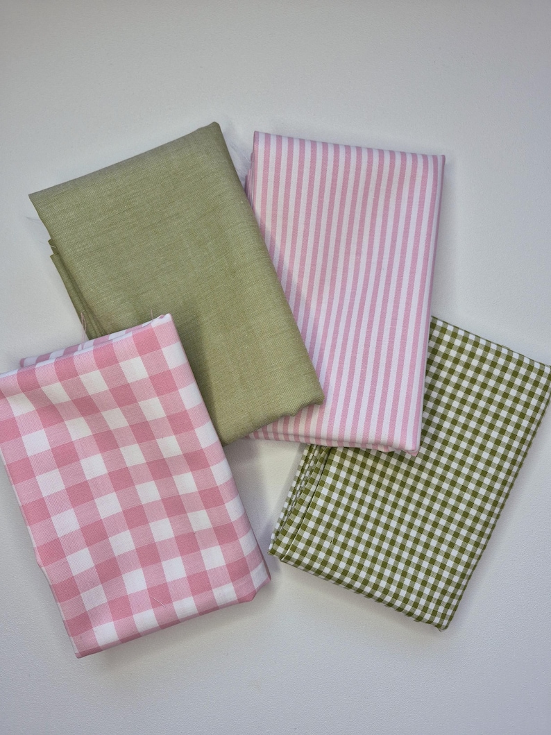 Conjunto de cuartos de grasa teñidos en hilo, conjunto de tela rosa y verde, cuadros vichy 100% algodón, material de rayas de caramelo, tela tejida, bonito regalo para costureras imagen 3