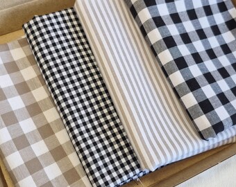 Yarn dyed fat quarter set, neutrals fabric set, gingham 100% cotton, black and beige material, woven fabric, pretty gift for sewers
