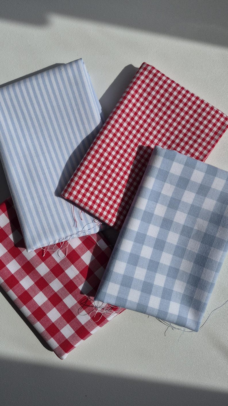May include: Four folded fabric swatches in various patterns. There is a light blue and white striped fabric, two red and white gingham fabrics, and a light blue and white gingham fabric. The fabrics are arranged on a white surface.