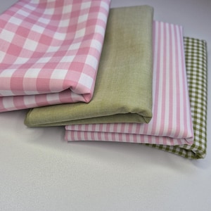 Conjunto de cuartos de grasa teñidos en hilo, conjunto de tela rosa y verde, cuadros vichy 100% algodón, material de rayas de caramelo, tela tejida, bonito regalo para costureras imagen 2