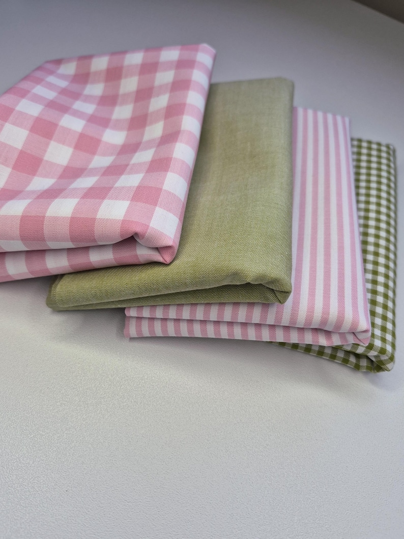 Conjunto de cuartos de grasa teñidos en hilo, conjunto de tela rosa y verde, cuadros vichy 100% algodón, material de rayas de caramelo, tela tejida, bonito regalo para costureras imagen 2