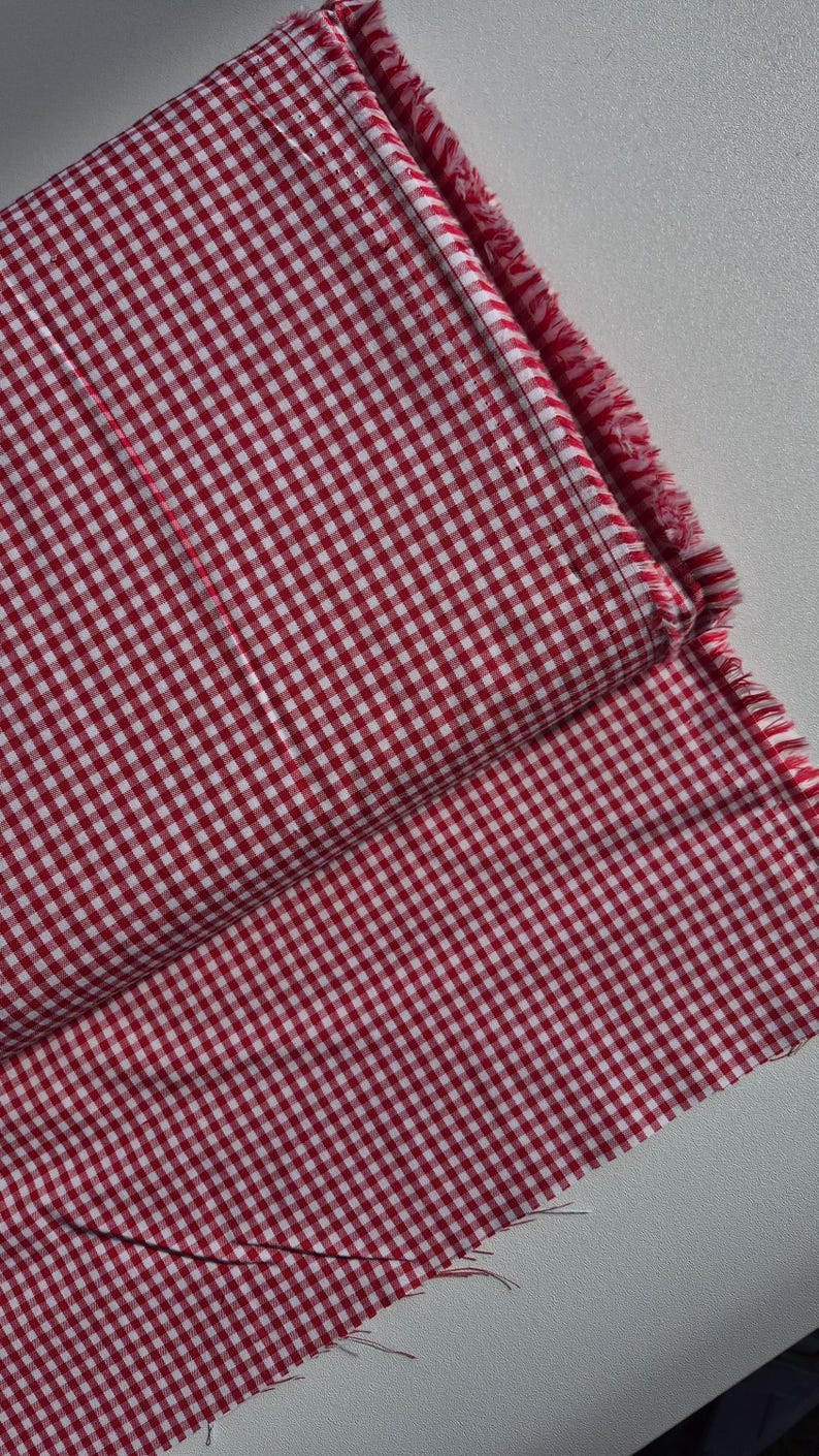 May include: A folded piece of red and white checkered fabric. The fabric has a classic gingham pattern, with small, evenly spaced squares. The edges of the fabric are frayed, suggesting a raw or unfinished state. The fabric is likely cotton or a similar material.