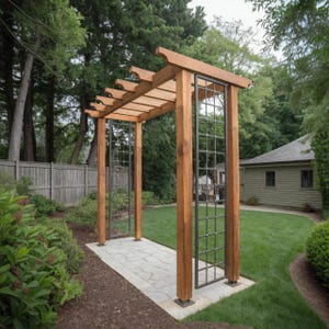 Modern Wood Garden Pergola with Metal Trellis Panels for Backyard Pathway Patio or Outdoor Landscape Accent Structure