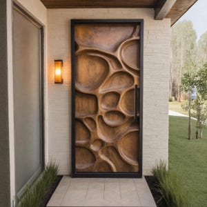 Modern Carved Wooden Front Door with Organic Artistic Design for Contemporary Home Entryway
