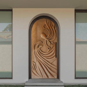Artistic Carved Front Door with Flowing Abstract Design for Entryway Hallway and Modern Home Exterior