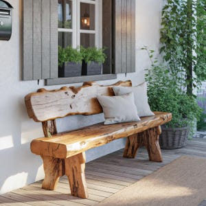 Rustic Live Edge Outdoor Wooden Bench with Backrest for Porch Entryway and Garden Natural Handcrafted Patio Seating Accent