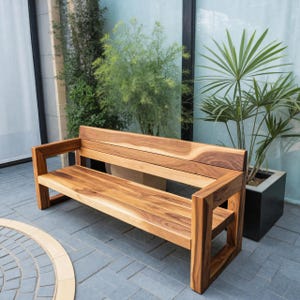 Modern Solid Wood Outdoor Bench with Armrests for Garden Patio Balcony or Entryway Seating Handmade Furniture