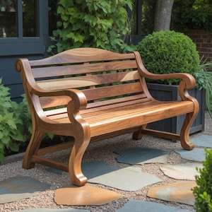 Classic Curved Wood Garden Bench With Sculpted Arms and Backrest for Patio Porch or Outdoor Entryway Timeless Handmade Seating