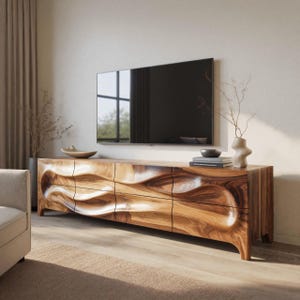 Sculpted Wave Wood TV Cabinet Modern Organic Media Cabinet with Carved Front for Living Room Interior Statement or Entertainment Center