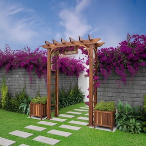 Rustic Garden Arbor with Planters: Handcrafted Wood Welcome Sign