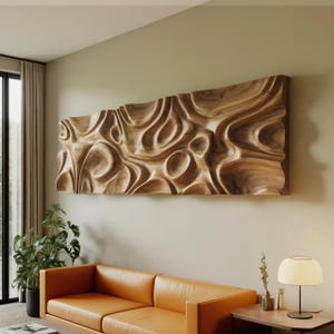 Modern Abstract Carved Wooden Wall Art Panel for Living Room or Office Contemporary Natural Home Decor