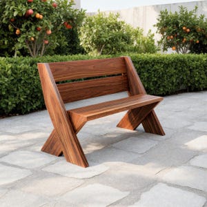Modern Outdoor Wooden Bench with Angled Legs for Garden Patio or Backyard Seating Contemporary Minimalist Wood Garden Furniture