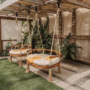 Boho Round Hanging Swing Chair for Covered Porch or Garden Lounge