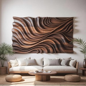 Sculptural Wood Wave Wall Art: Modern Living Room Decor
