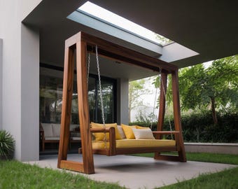 Contemporary Outdoor Swing Bench with Wooden Frame and Cushions for Garden Patio Porch or Balcony Relaxation and Modern Backyard Decor