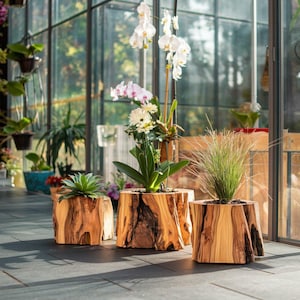Unique Wooden Tree Stump Planter, Wooden Planter Rustic - Various Sizes For Indoor & Outdoor Plants