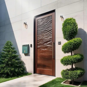 Modern Wave Pattern Front Door Design for Home Entryway or Villa Entrance with Artistic Carved Surface and Contemporary Exterior Style